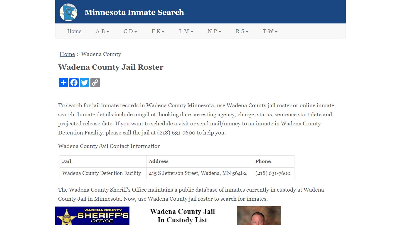 Wadena County Jail Roster - Minnesota Inmate Search